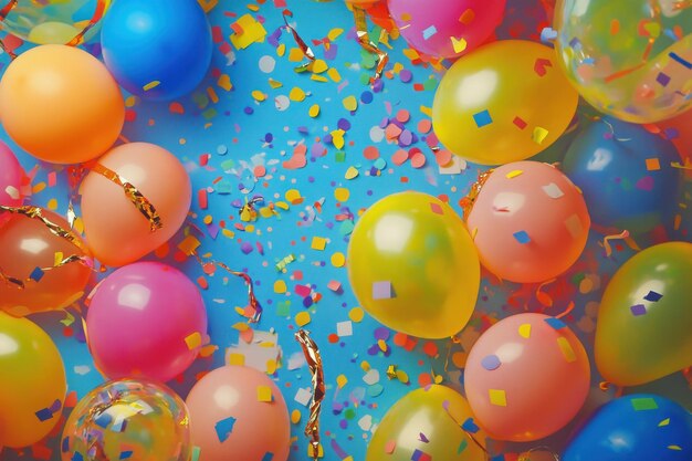 Brightly colored balloons and confetti create a festive atmosphere for a birthday celebration