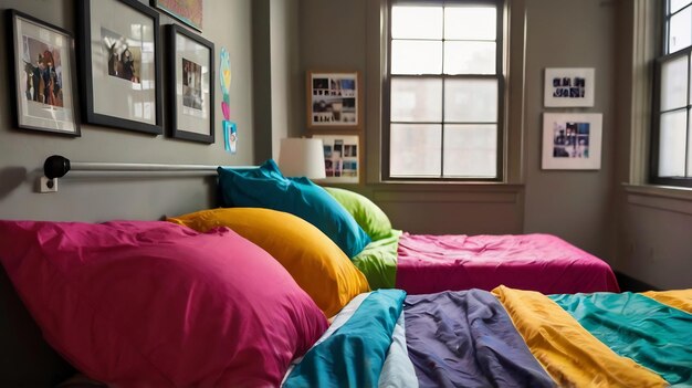 Photo brightly colored bedsheets in a dorm room variation 8