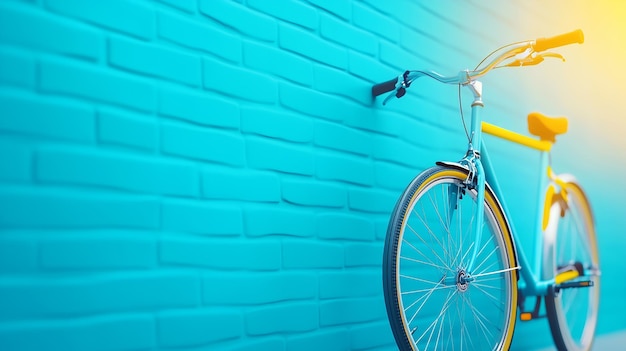 Photo brightly colored bicycle leaning against a blue brick wall