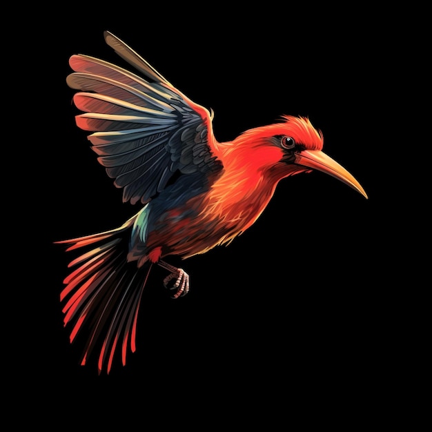 brightly colored bird flying in the dark with its wings spread generative ai