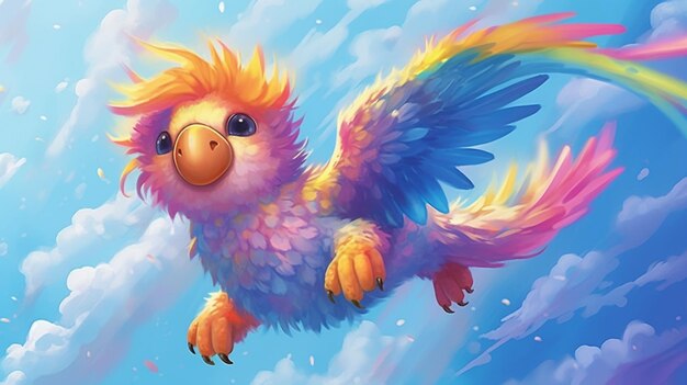 brightly colored bird flying in the sky with a rainbow in its beak generative ai