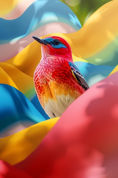 Photo brightly colored bird sitting on colorful fabric in front of a blurry background generative ai