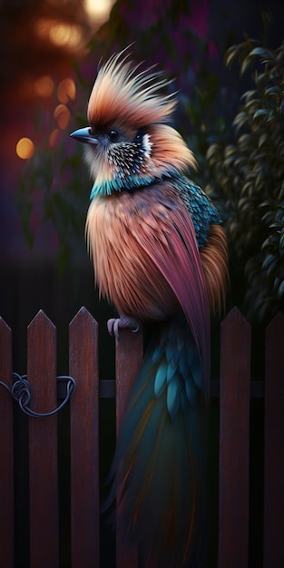 Brightly colored bird sitting on a fence with blurry background generative ai