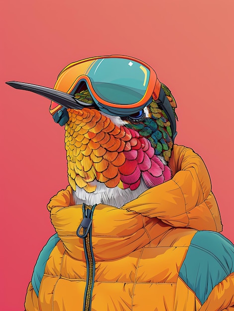 Photo brightly colored bird wearing a yellow jacket and goggles on a pink background