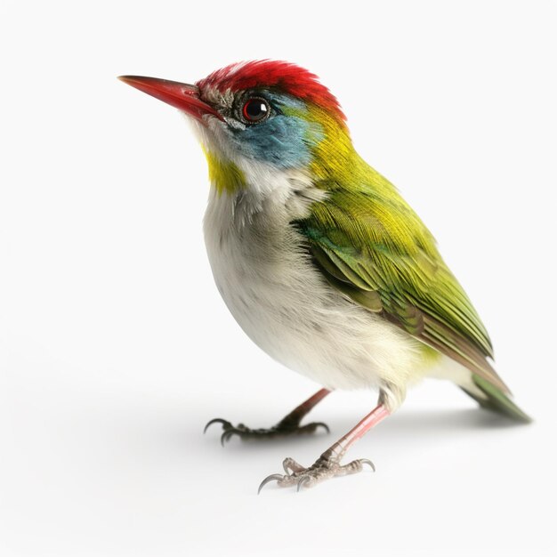 brightly colored bird with red beak and green wings on white background generative ai