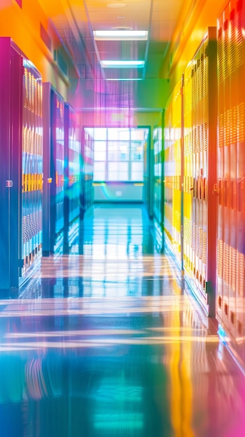 Brightly colored blurred school hallway