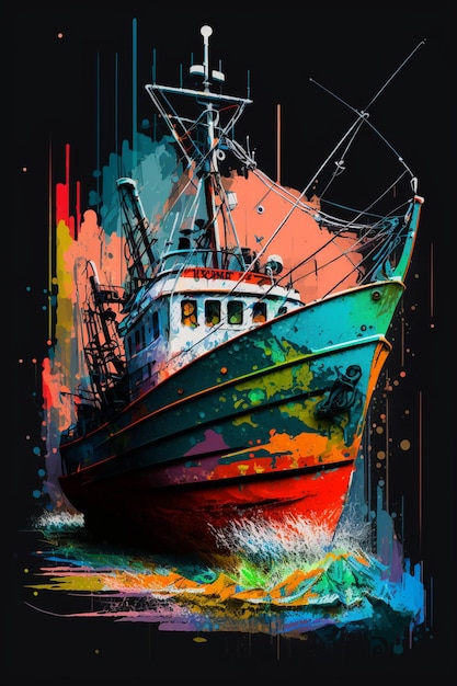 Brightly colored boat in the water with splashes of paint generative ai