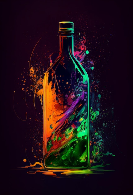 Brightly colored bottle with liquid splashes and splatters on a black background generative ai