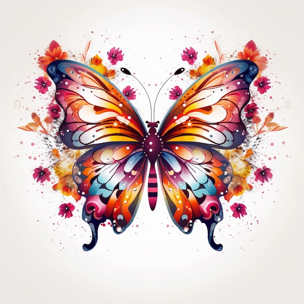 Brightly colored butterfly with floral wings on white background generative ai