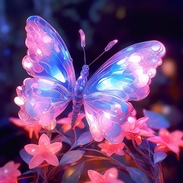 Brightly colored butterfly with pink flowers in the background generative ai