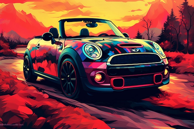 A brightly colored car driving down a dirt road in the mountains generative ai