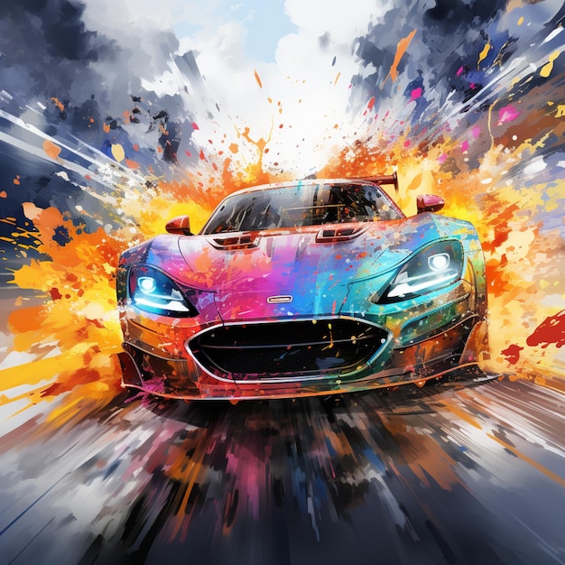 a brightly colored car driving on a road with a lot of paint splatters generative ai