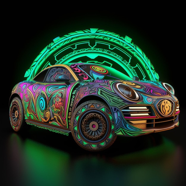 A brightly colored car with a bright green light on the side generative ai