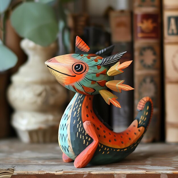 Photo brightly colored cat figurine sitting on a shelf next to a vase