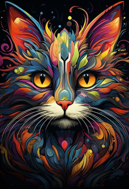 Brightly colored cat with a black background generative ai