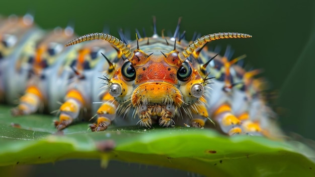 A brightly colored caterpillar with red orange yellow white and black markings perches on a green leaf staring at the camera