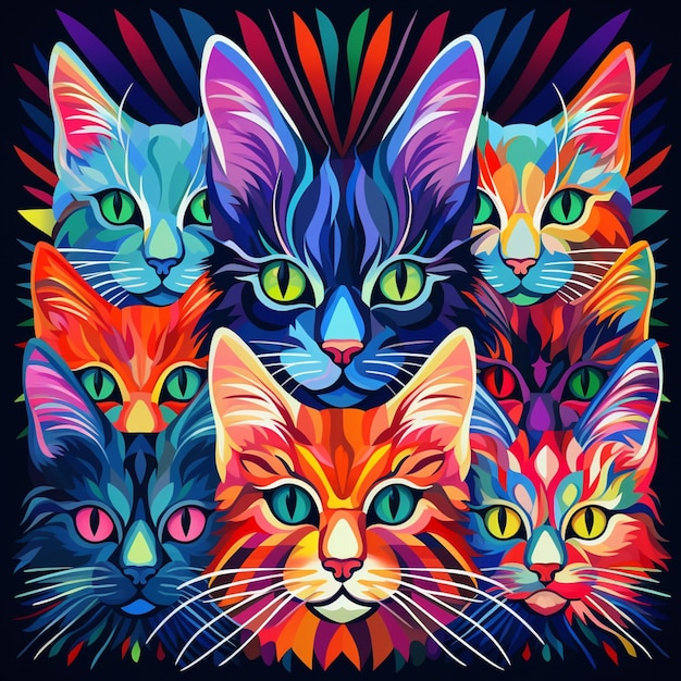 brightly colored cats are grouped together in a colorful art style generative ai