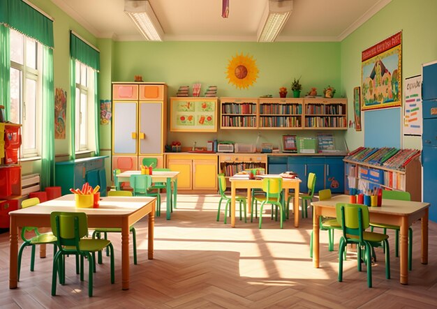 Brightly colored childrens classroom with wooden tables and green walls generative ai