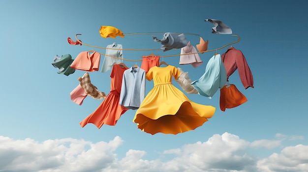 Brightly colored clothes are suspended in midair against a blue sky and wispy white clouds