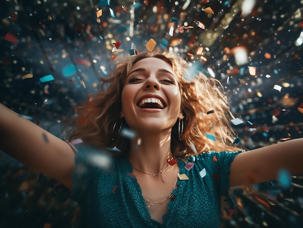 Brightly colored confetti showers a young woman in celebration