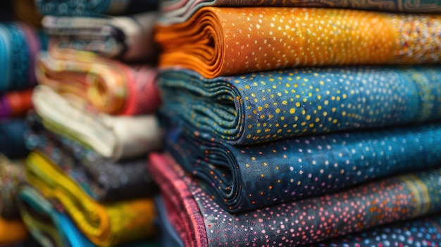 Photo brightly colored cotton textiles stacked closely