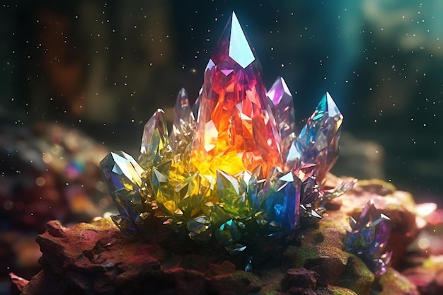 Brightly colored crystals are on a rock in a dark room generative ai