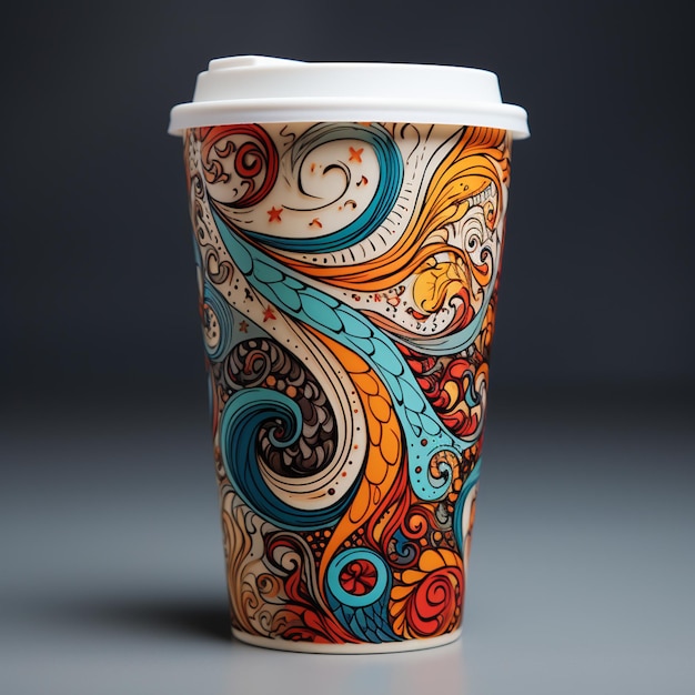 Brightly colored cup with a lid and a pattern on it generative ai