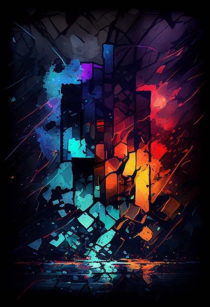 Brightly colored digital art of a city with clock tower generative ai