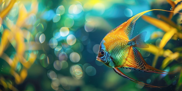 Photo brightly colored discus fish swimming in a freshwater aquarium showcasing its vibrant orange and blue patterns