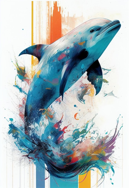 Brightly colored dolphin jumping out of water with splashes and paint splatters generative ai