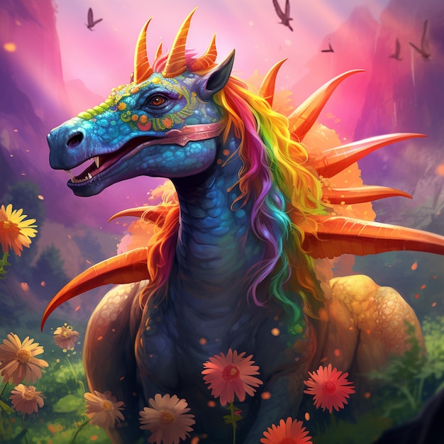 brightly colored dragon with long mane and colorful flowers in a field generative ai