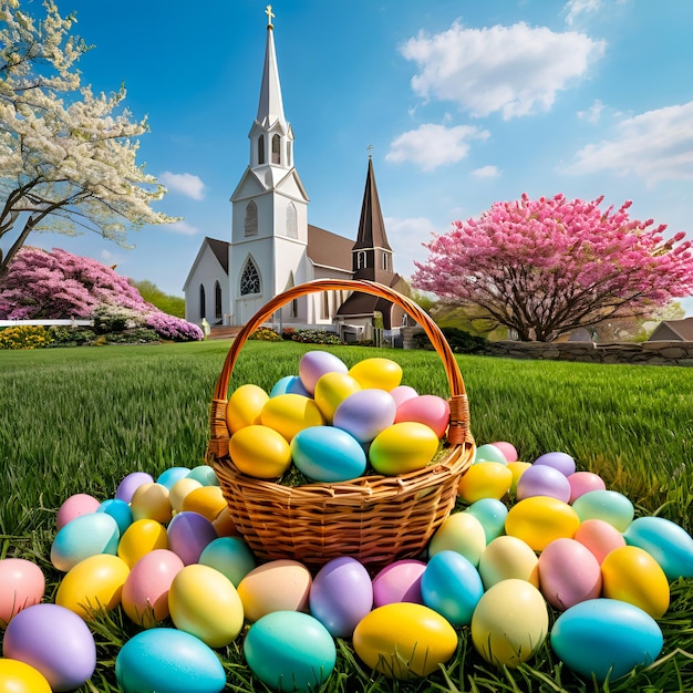 A brightly colored Easter basket overflowing with colorful eggs set against a backdrop of a church