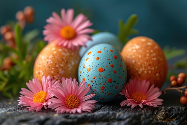 Brightly colored Easter eggs adorned with flowers