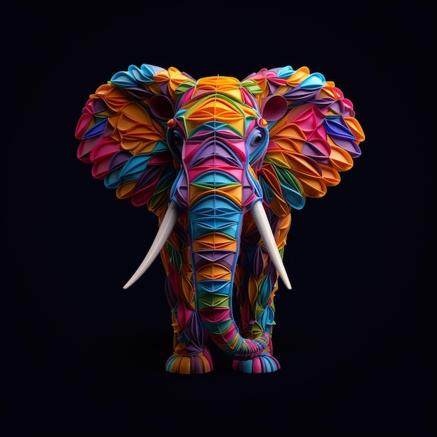 brightly colored elephant statue on black background with black background generative ai