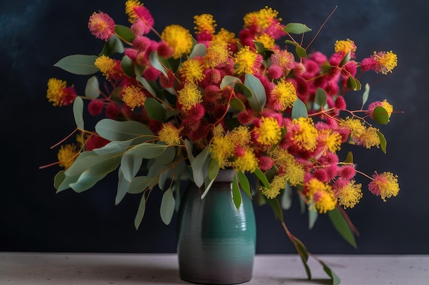 Brightly colored eucalyptus flowers in a vase