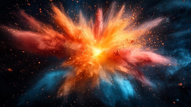 Photo a brightly colored explosion of powder in the dark generative ai