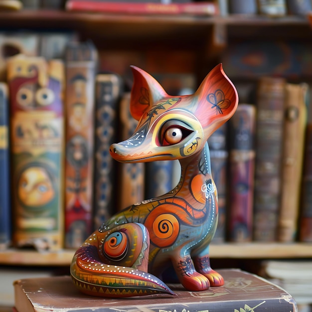 brightly colored figurine of a dog sitting on a book