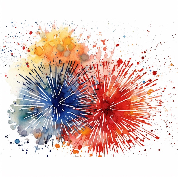 Brightly colored fireworks are splattered with watercolor paint generative ai