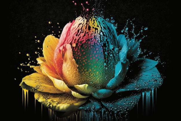 Brightly colored flower with water droplets on it a black background generative ai