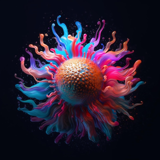 Brightly colored flower with water splashes on it against a black background generative ai