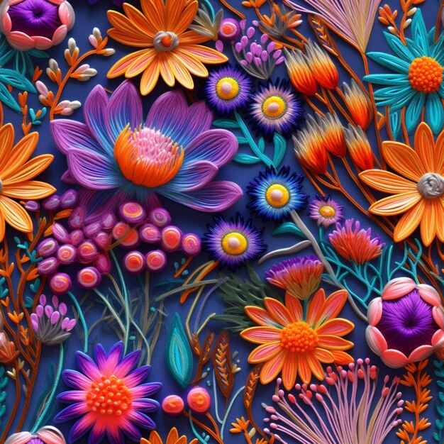 brightly colored flowers are arranged in a pattern on a blue background generative ai