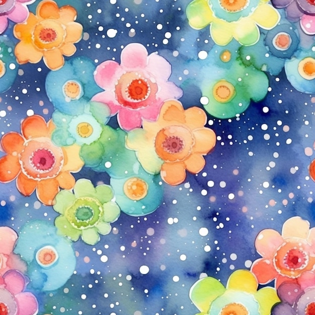 Brightly colored flowers are painted on a blue background with white dots generative ai