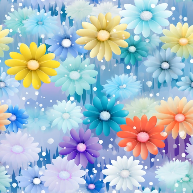 brightly colored flowers are scattered on a blue background generative ai