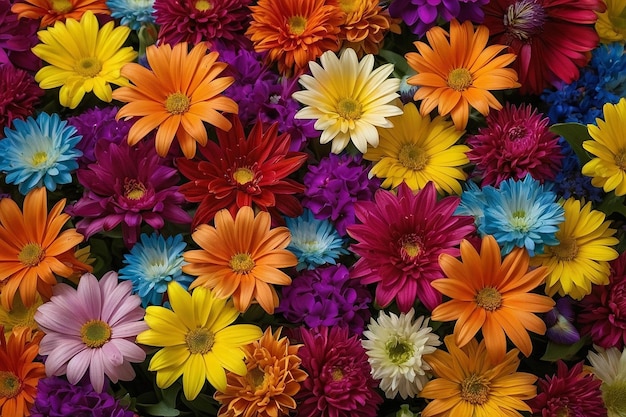 Brightly colored flowers arranged in a large pile