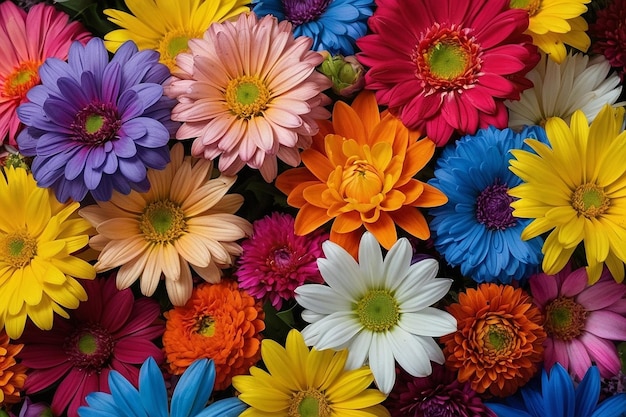 Brightly colored flowers arranged in a large pile