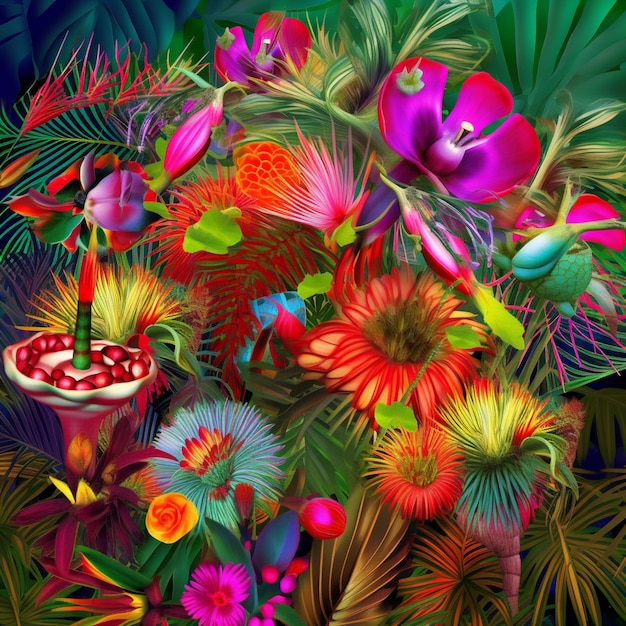 Brightly colored flowers and leaves are arranged in a vase generative ai