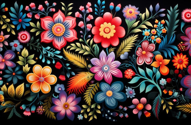 brightly colored flowers and leaves are painted on a black background generative ai