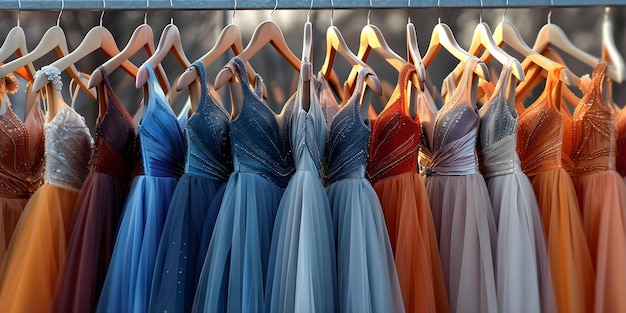 Brightly colored formal dresses on hangers for prom or bridesmaids Concept Formal Dresses Bright Colors Prom Bridesmaids Photography