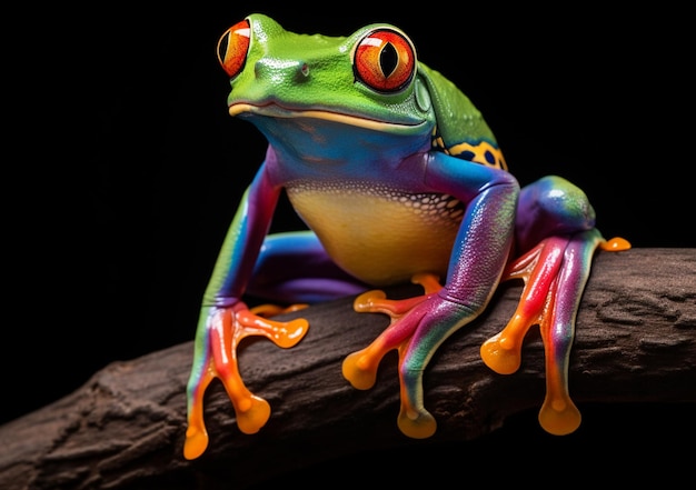 brightly colored frog sitting on a branch with a black background generative ai