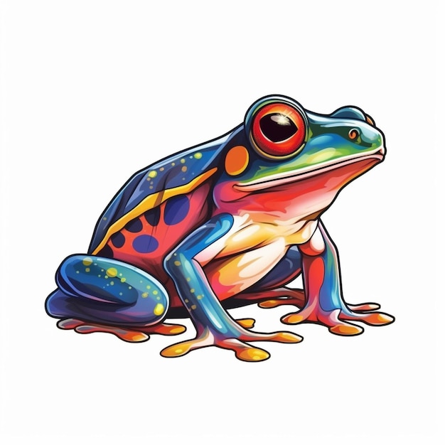 A brightly colored frog sitting on the ground with its eyes open generative ai